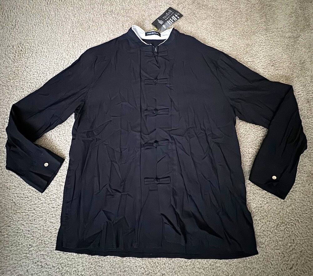 INCERUN Mens 2XL Black Mandarin Collar Chinese Frog Button Shirt Tunic NWT